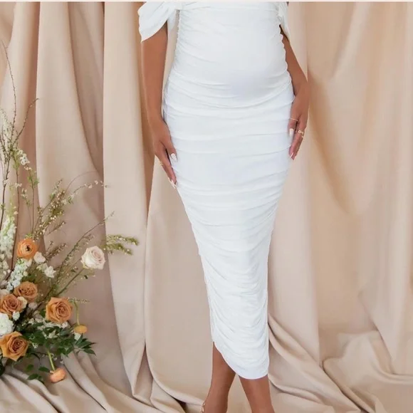 NWT Club L White Maternity Bardot Ruched Draped Midi Dress Size 8 - Picture 8 of 14